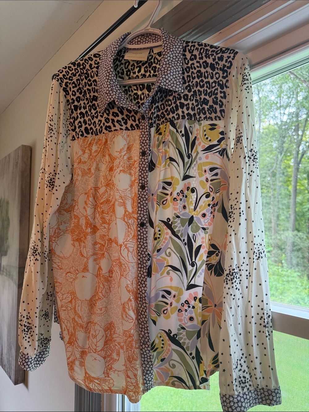 Anthropologie Mixed-Print Long Sleeve Shirt Dress in Cream, Orange, Black